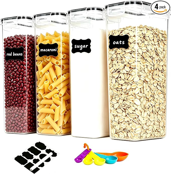 4pk 2.8L Airtight Containers, Clear Stackable Dry Food Storage | 4pk 2.8L airtight canisters with sealed lids block moisture. Sturdy plastic, stackable for kitchen pantry dry food