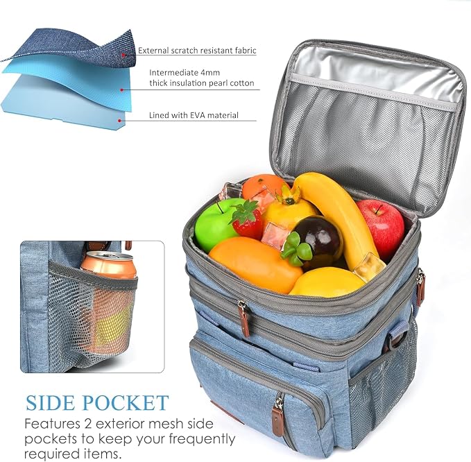MIYCOO Lunch Bag for Men & Women, Expandable Double Deck Lunch Box, 15L | Leakproof & Waterproof, Portable, Large Soft Insulated Cooler bag for Adult, Work, Camping, Beach, Picnic, Travel