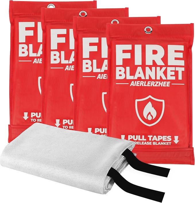 Fire Blanket 4 Pack 40"x40" – CE Certified Fiberglass, Heat Resistant to 1076°F – No-Mess Fire Suppression for Kitchen, Grill, Car, Camping & Home Safety