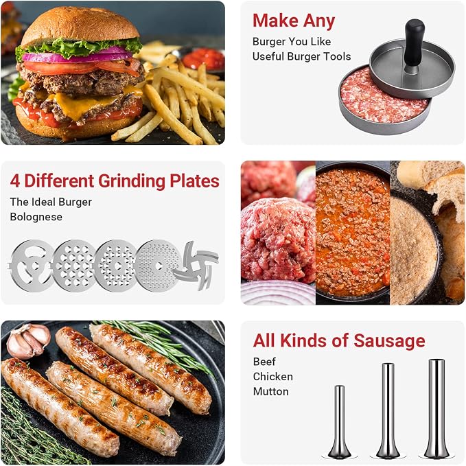 HOZODO Meat Grinder Attachment for KitchenAid Stand Mixer, Burger Press | Metal Food Grinder Attachment, Sausage Stuffer, Kitchen Aid Accessories and Attachments
