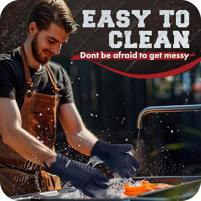 KITCHEN PERFECTION Silicone Smoker BBQ Gloves - Heat Resistant Oven Mitts | Waterproof, 5-Finger Design For A Better Grip, for Pitmasters, Meat Smoking, Grilling, Cooking, Frying Turkey | Grill Gift