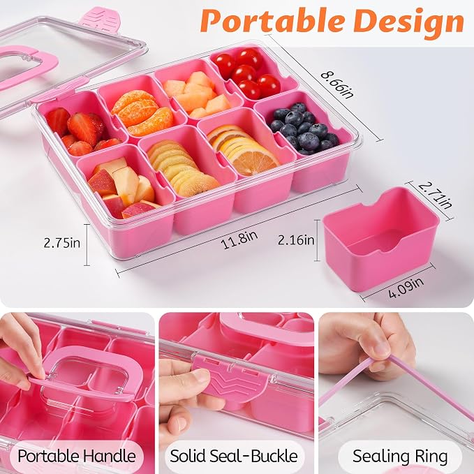 Snackle Box Container Dishwasher Safe Divided Serving Tray with Lid Handle | Charcuterie Board for Portable Snack Platters, Organizer for Fruits Snacks, Perfect for Road Travel - Pink