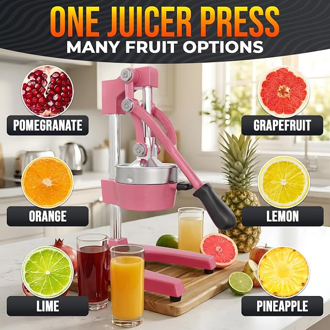 Cast Iron Juicer Hand Press, Heavy-Duty Squeezer, 304 Stainless Steel Bowl – One Pull Extracts Full Juice – Manual Citrus Press Juicer & Orange Squeezer for Lemon, Lime & Lemonade at Home Bar (Pink)