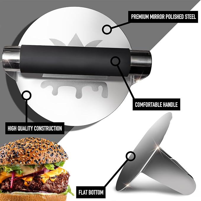 SMASHER KING™ - Mirror Polished Stainless Steel Smash Burger Press | Hamburger Smasher Tool for Griddle Cooking - Heat Resistant Handle Grill Press and Meat Weight - Burger Patty Maker
