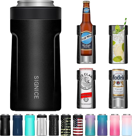 3 In 1 Insulated Universal Can Cooler - Signice Double Walled Vacuum Insulator Stainless Steel Slim Can Cooler for 12 Oz Skinny Tall Standard Regular Can Beer Bottle (Matte Black)