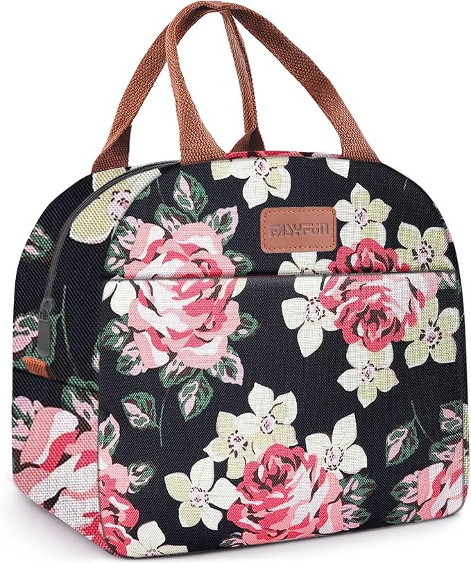 Lunch Bag for Women & Men Adult Insulated Lunch Box, Small Leakproof Cooler Food Lunch Containers Reusable High Capacity Lunch Tote Bags for Work, Travel, Outdoor - Black Rose