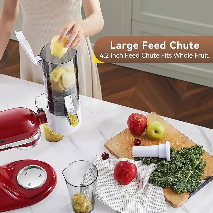 Masticating Juicer Attachment for KitchenAid Stand Mixer, 4.2" Large Feed Chute Fit Whole Vegetables & Fruits, Slow Cold Press Juicing, Includes 2 * 28oz capacity cups