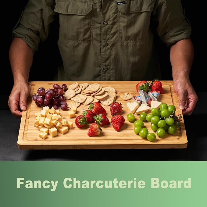 Allsum 20x14" Extra Large Bamboo Cutting Boards for Kitchen, XL Wood Charcuterie Boards Cheese Serving Tray with Side Handles and Juice Grooves, Solid Durable Reversible