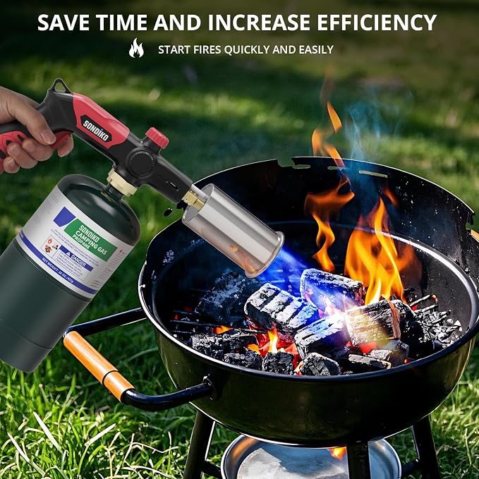Sondiko Powerful Grill & Cooking Propane Torch L8010, Sous Vide, Campfire Starter, Adjustable Wood Torch Burner for Searing Steak, BBQ, Welding(Red & Black) Propane Tank Not Included | Torch Gun Torch Burner, Hand Held Blow Torch, Best Gift for Men