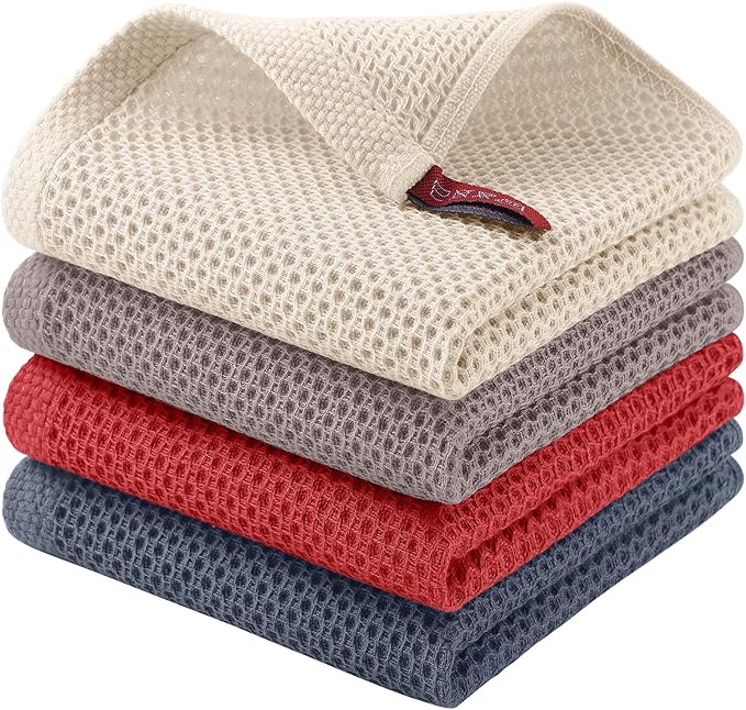 Homaxy 100% Cotton Waffle Weave Kitchen Dish Cloths, 4-Pack, Multicolor | 12 x 12 Inches, Ultra Soft Absorbent Dish Towels, Quick Drying Dish Rags with Hanging Loop