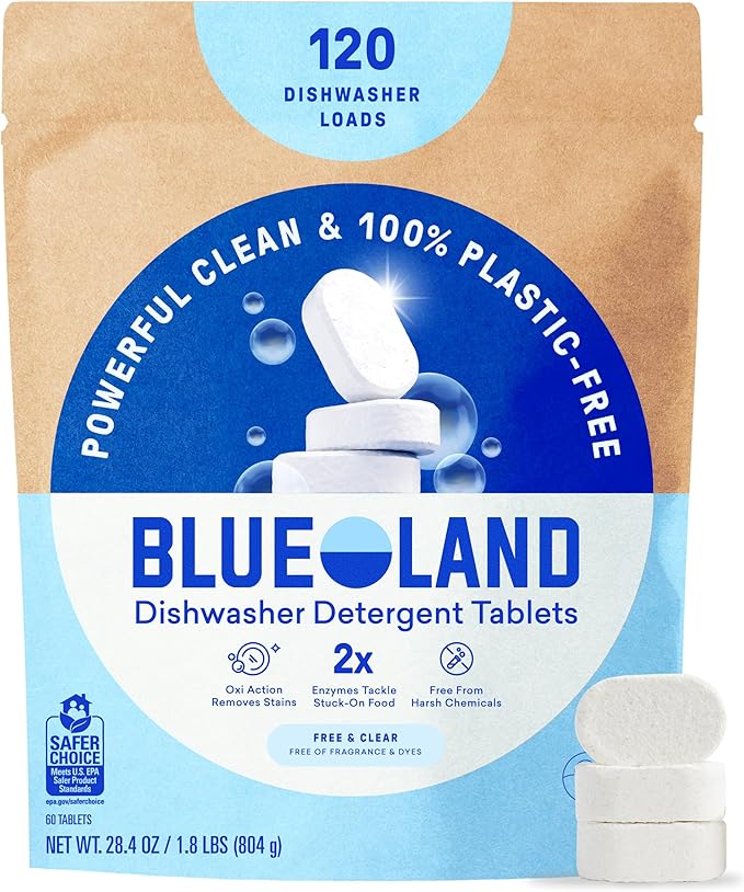 BLUELAND 100% Plastic-Free Dishwasher Detergent Tablets, 120 Count, Free & Clear, Eco-Friendly Dishwashing Pods, Cuts Grease & Stuck on Food, Rinses Clean for Streak-Free Shine