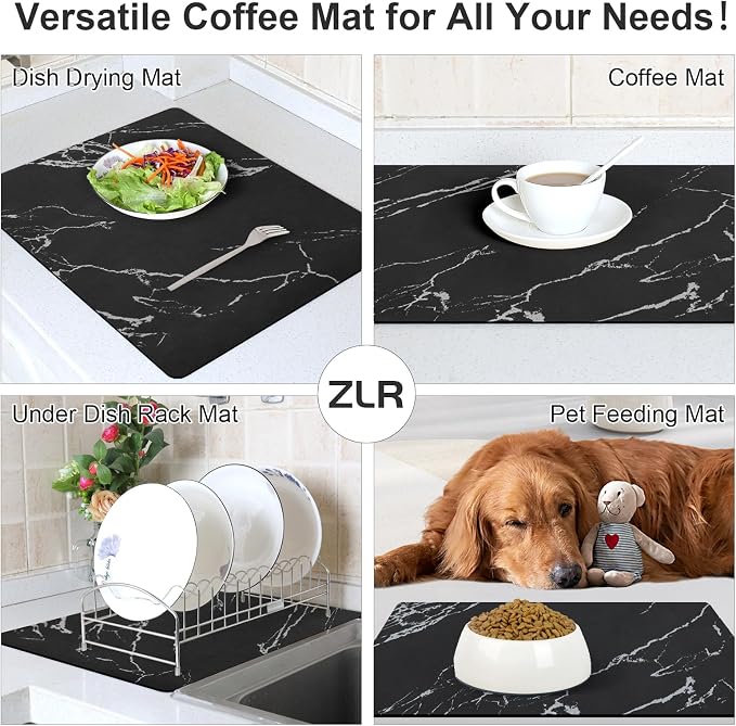 ZLR Coffee Bar Mat for Keurig & Nespresso, 12"x16" Small, Marble Black | Absorbent Dish Drying Mat, Stain-Hiding PU Leather Top, Non-Slip Rubber Back, Heat-Resistant, Fits Frother & Pour-Over