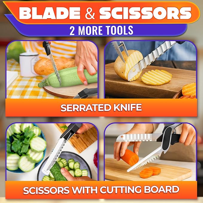 7-in-1 Cutting Board Scissors for Food with Ribbed Blades & Chopping Board | Heavy Duty Vegetable Scissors Food Cutter, Spring Assist, Safety Lock, Dishwasher Safe, Suitable for Meat & Vegetables