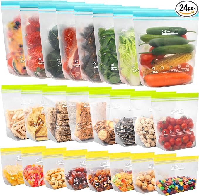 SPLF 24 Pack Reusable Food Storage Bags Dishwasher Microwave Safe | BPA Free Reusable Freezer Bags, Silicone Free Containers for Meal Prep, Fridge Home Kitchen - 8 Gallon 8 Sandwich 8 Snack