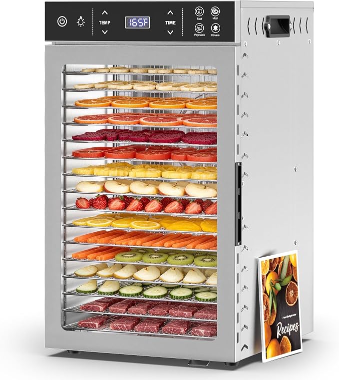Suteck 800W Food Dehydrator with 16 Trays for Jerky, Fruit, Veg, Meat | Stainless Steel, 4 Presets, Strong Dual Fans & 360° Airflow, 85°F–195°F, 48H Timer, Built-in Light, Quiet