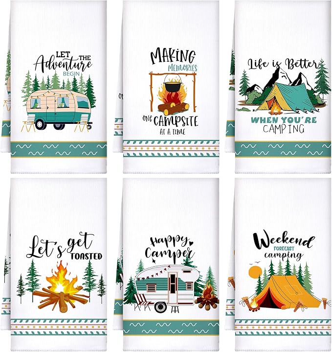 Boyiee Set of 6 Camping Kitchen Towels White Absorbent Dishcloth Gifts | Bonfire Tent Car Tea Towels 24 x 16 Inches with Funny Sayings Novelty Gifts for Rv Campers Camping Accessories