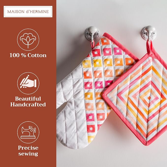 Maison d' Hermine 100% Cotton Oven Mitt & Pot Holder Set (7.5"x13" & 8"x8") | Heat Resistant BBQ Cooking Gloves with Loop Baking Grilling Kitchen Hotel Home Farmhouse Spring Summer - Summer Maze