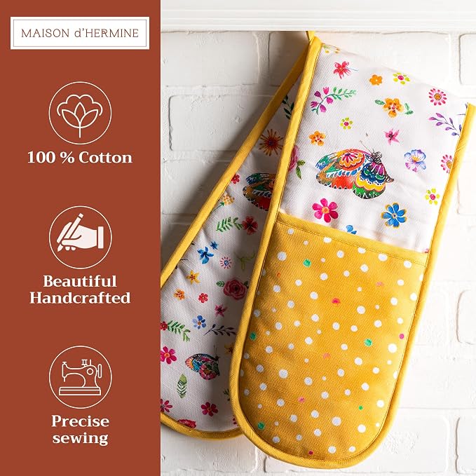 Maison d' Hermine Double Oven Mitts 100% Cotton Double Oven Glove (7"x35") | Heat Resistant BBQ Cooking Gloves with Loop Baking Grilling Kitchen Home Farmhouse Spring Summer - Happy Florals - Sweety