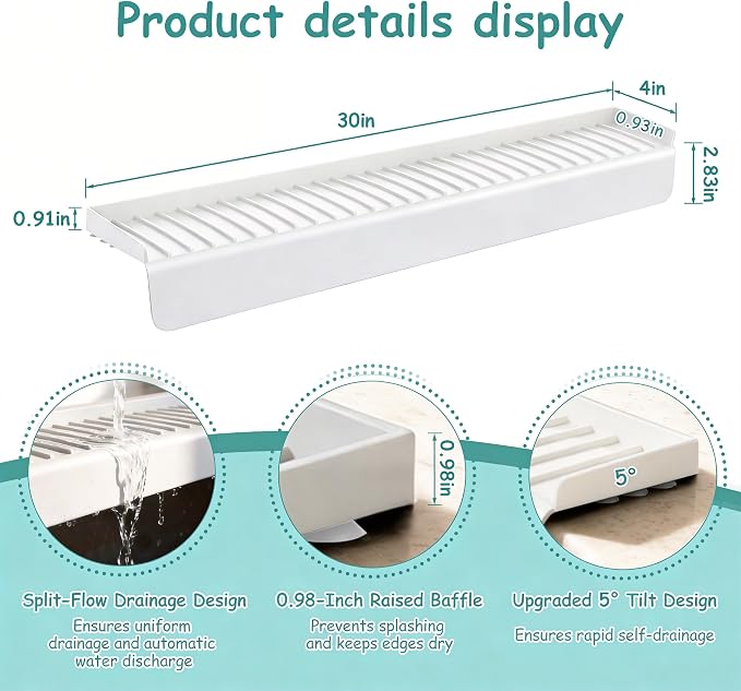 Silicone Sink Edge Protector Splash Guard, 30x4 Inch with Suction Cups & 5°Tilt, Cuttable for Kitchen Bathroom Countertops, Granite Quartz Surfaces (Transparency)