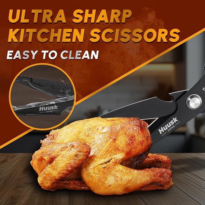 HUUSK Kitchen Scissors for Food, Multifunction Kitchen Shears Heavy Duty | Japanese Stainless Steel Sharp Poultry Shears for Meat, Fish, Chicken Bones, Turkey, Comfortable Handles, Gifts for Women