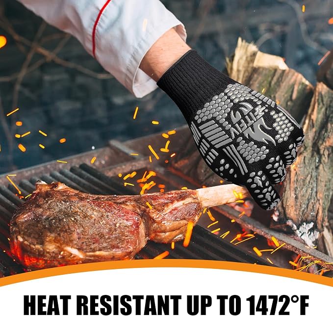 BBQ Gloves, Oven Gloves, 1472°F Extreme Heat Resistant Barbecue Gloves, Silicone Non-Slip Oven Mitts, Kitchen for Cooking, Grilling, and Baking