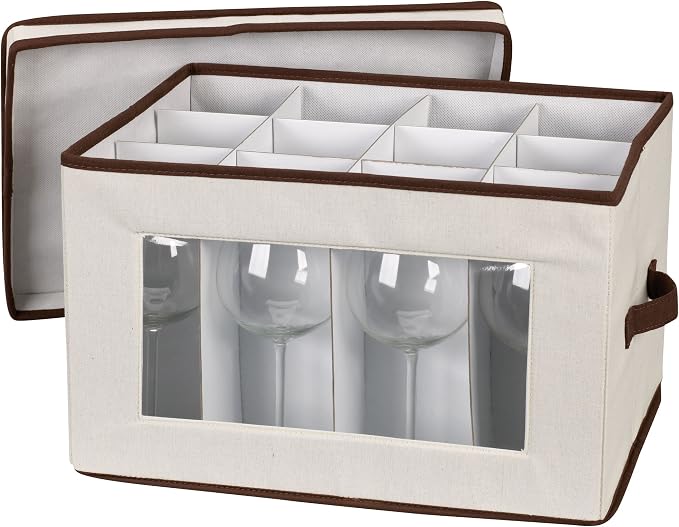 Household Essentials Wine Glass Storage Box in Strong Frame, Handles, Windowed Panel and 12 Compartments, Cream with Brown Trim