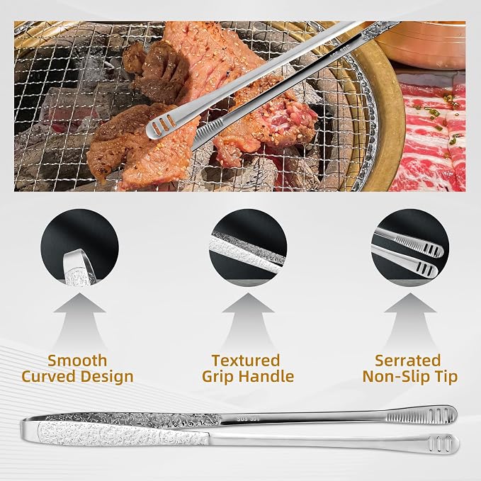 4Pcs 11-Inch Stainless Steel Korean BBQ Grill Tongs | Japanese Barbecue Tongs for Cooking, Portable Kitchenware for Home, Outdoor, Steak, Salad, Food