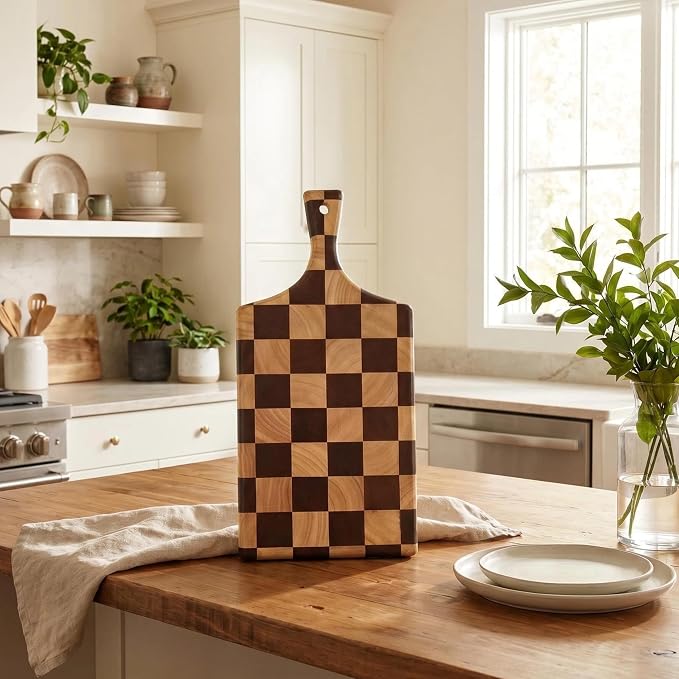 Checkered Wooden Cutting Board with Handle | 15" x 7" x 1" Thick | Acacia & Rubber Wood | Cheese & Charcuterie Serving Board | Meat, Bread, Fruit & Vegetable Prep