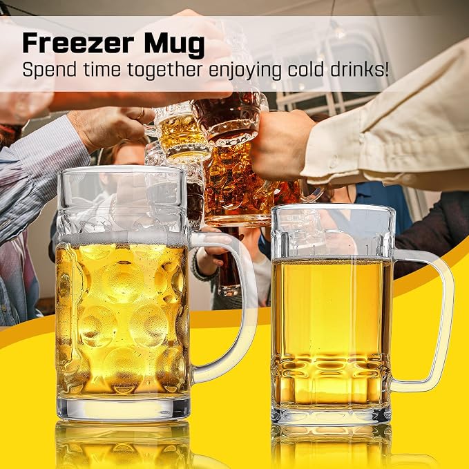 Freezer Beer Mugs, 20 oz Large Heavy Glass Mugs with Handles Set of 2, Clear Large Beer Steins for Tea, Coffee Glasses Oktoberfest Style for Dad Husband or Friend