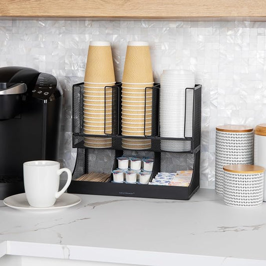 Mind Reader Multipurpose Countertop Organizer, Office Breakrooms, Cup and Condiment Station, Metal Mesh, Black