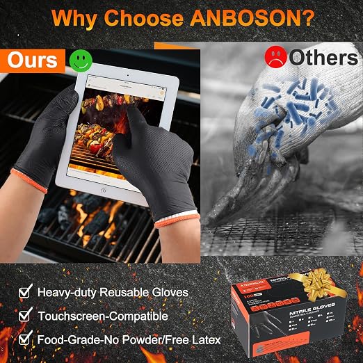 ANBOSON BBQ Gloves Disposable, Heat Resistant Grilling Gloves for Cooking | 10Mil Heavy Duty Nitrile Gloves-100Ct &4 Cotton Liners for Meat Handling Smoker for Hot Food Prep,Non-Slip Grip,XLarge,Black