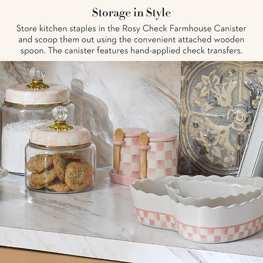 MACKENZIE-CHILDS Ceramic Farmhouse Canister, Kitchen Storage Container with Lid, Pink-and-White Rosy Check