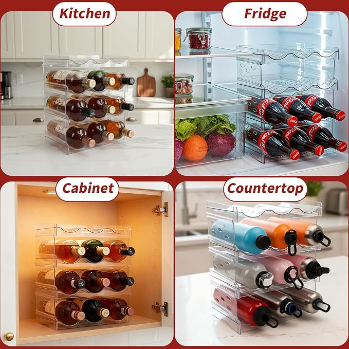 EZ COZY Wine Rack, 2 Tier Water Bottle Organizer for Cabinet (6 Bottles) | Clear Freestanding Wine Bottle Holder for Cabinet, Fridge, Pantry, Wine Rack for Inside Cabinet, Refrigerator, Countertop