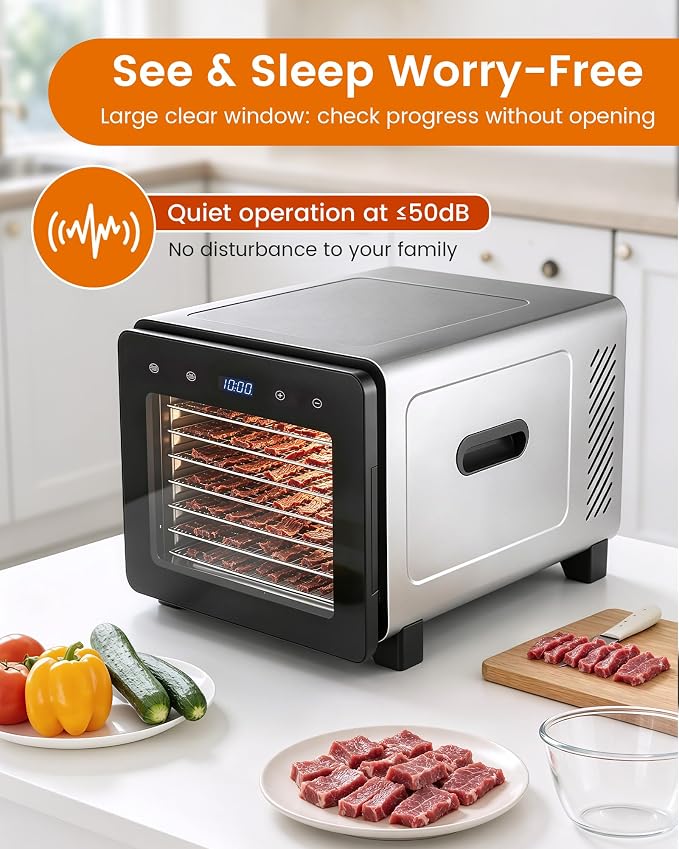 Food Dehydrator Machine, 720W 8-Tray Stainless Steel Dryer with Clear Window Door, 95-170°F Digital Temp Control & 24H Timer, 360° Airflow for Jerky, Fruit, Herbs, Dog Treats