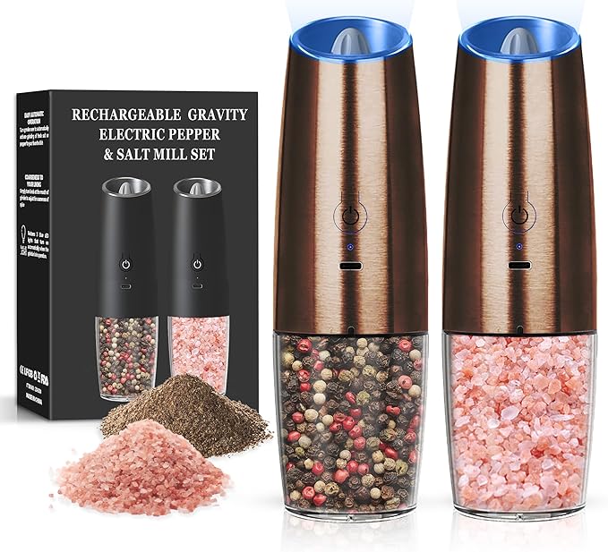 Rechargeable Salt And Pepper Grinder Set with LED Light, Automatic Electric Gravity Salt And Pepper Shakers Set, No Battery Needed, Adjustable Roughness, 2 Pack (Copper)