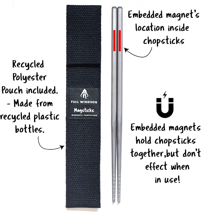 FULL WINDSOR - MAGSTICK - Magnetic Titanium Chopsticks, Reusable Metal Utensils for Travel, Camping, Cooking, Hiking, Dining, Lightweight Portable Set w/ Case for Daily Use Essential Accessories