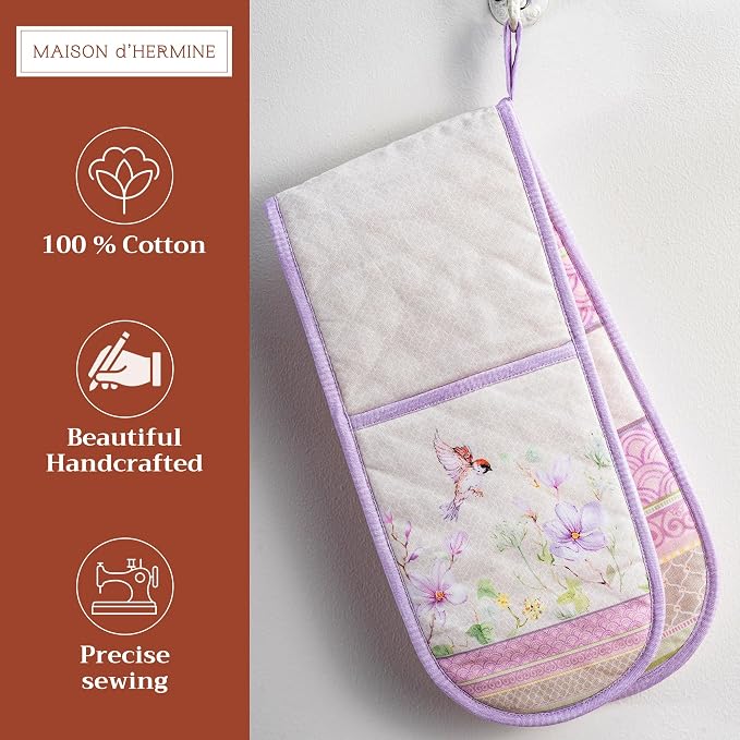 Maison d' Hermine Double Oven Mitts 100% Cotton Double Oven Glove (7"x35") | Heat Resistant BBQ Cooking Gloves with Loop Baking Grilling Kitchen Hotel Home Farmhouse Spring Summer - Magnolia Mornings