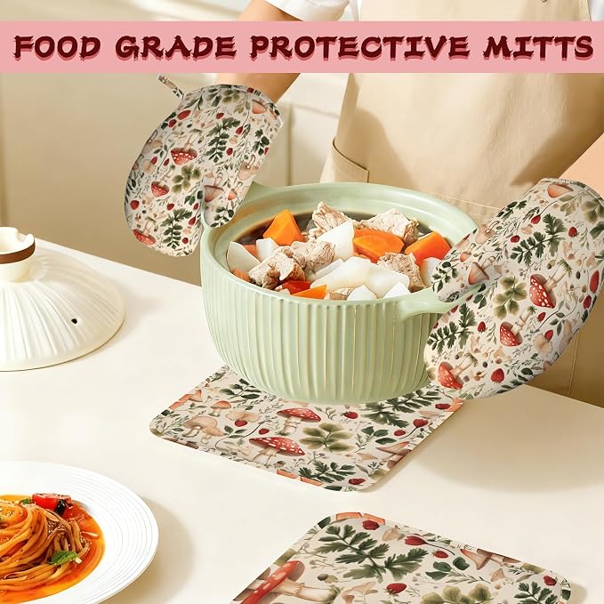 Red Mushroom Forest Strawberry Silicone Oven Mitts and Pot Holders,Heat-Resistant 4 Piece Kitchen Set Non-Slip Oven Gloves and Hot Pads for Cooking, Baking, Grilling,BBQ