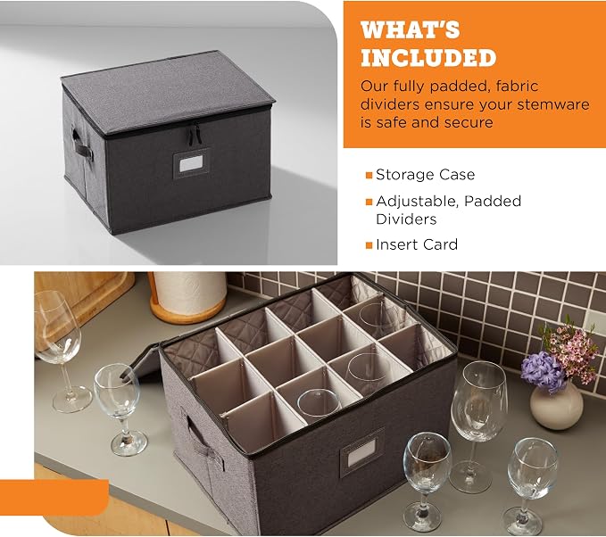 storageLAB Wine Glass Storage Case | Hard Shell Felt Dividers | Gray | Hard shell case holds 12 wine glasses in 4x4 felt compartments. Stackable, top-load, label tag. Keeps stemware chip-free.