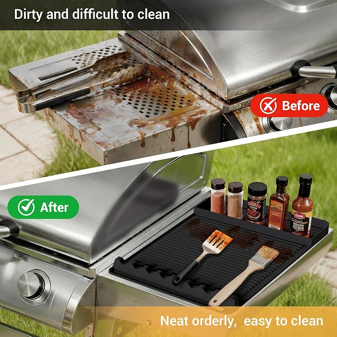 Silicone Grill Mat for Blackstone Griddles & Outdoor Grills - Heat Resistant (450°F) Countertop Protector, Non-Slip Tool Organizer & Grease Catcher, 16x11.5 Inch(Black)