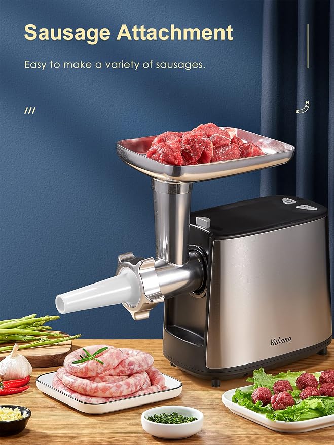 Yabano Electric Meat Grinder 3000W Max Heavy Duty Meat Mincer | Sausage Stuffer And Kubbe Kit, 2 Stainless Steel Grinding Plates, Silver And Black, For Home And Restaurant Prep