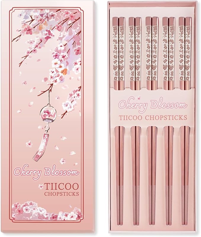 Chopsticks Reusable 18/8 Stainless Steel Chopsticks Pink Sakura Laser Engraved Metal Chop sticks Non-Slip Dishwasher Safe Japanese Korean Chopstick for Cooking Eating 5 Pairs Premium Gift Set