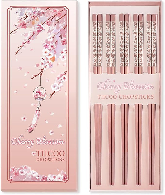 Chopsticks Reusable 18/8 Stainless Steel Chopsticks Pink Sakura Laser Engraved Metal Chop sticks Non-Slip Dishwasher Safe Japanese Korean Chopstick for Cooking Eating 5 Pairs Premium Gift Set