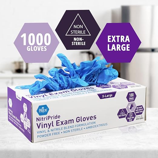 MED PRIDE Nitrile/Vinyl Blend Exam Gloves,Powder-Free,Blue,X-Large,1000-Ct
