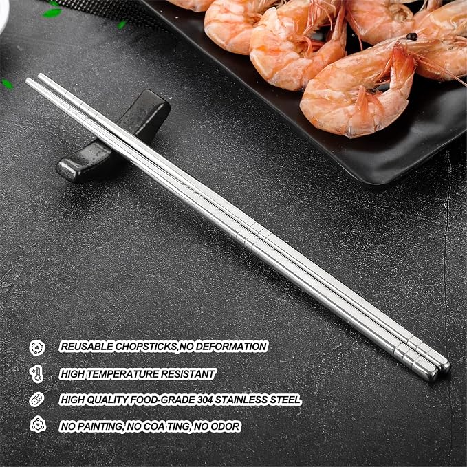 Stainless Steel Chopsticks, Metal Alloy Chopstick, Reusable Non-slip Design Chop Sticks, 5 Pairs Gift Set,Silver