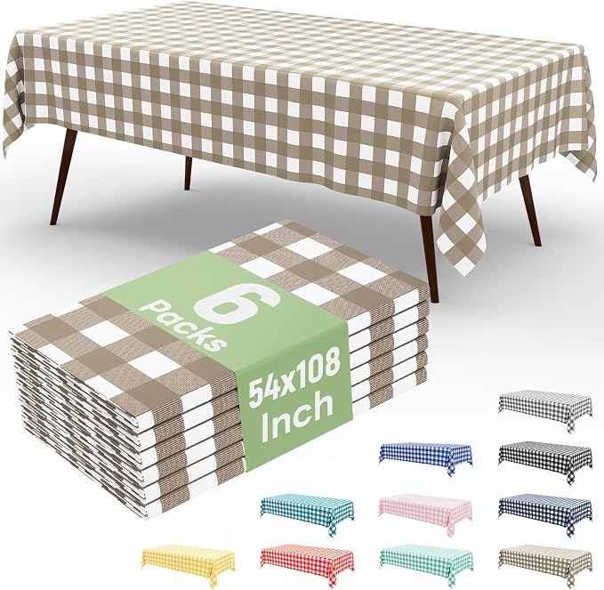 6 Packs Buffalo Disposable Table Cloth, 54 x 108 Inch Waterproof Plastic Tablecloth, Rectangle Khaki and White Checkered Table Covers for Picnic, Birthday, Party, Back to School