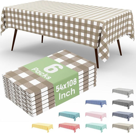 6 Packs Buffalo Disposable Table Cloth, 54 x 108 Inch Waterproof Plastic Tablecloth, Rectangle Khaki and White Checkered Table Covers for Picnic, Birthday, Party, Back to School
