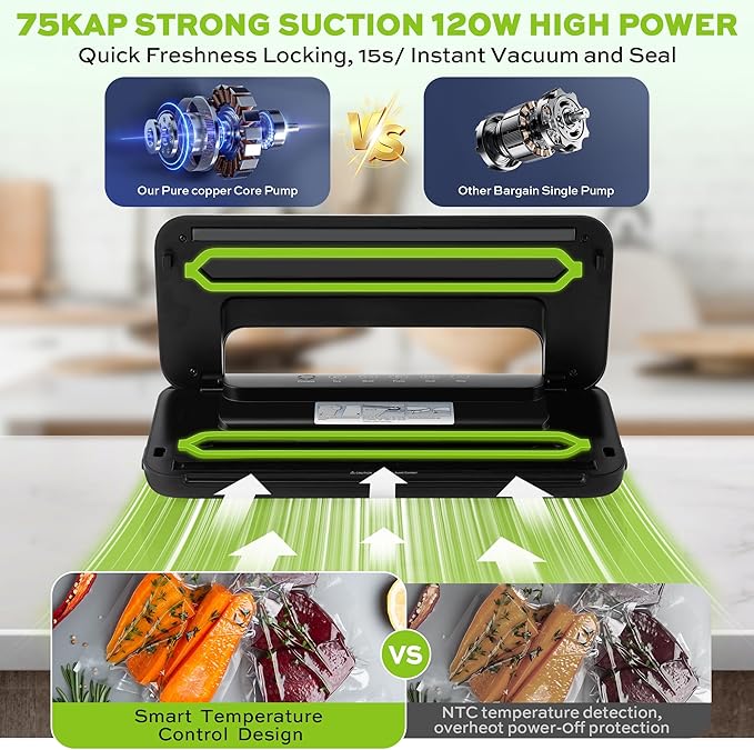 75KPa 6-in-1 Automatic Vacuum Sealer Machine | Digital Food Saver with Pulse Function | Dry & Moist Food Modes | Includes 12 Vacuum Bags, External Sliding Blade & External VAC for Jars/Containers