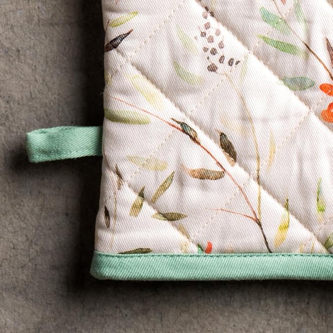 Maison d' Hermine 100% Cotton Oven Mitt & Pot Holder Set (7.5"x13" & 8"x8") | Heat Resistant BBQ Cooking Gloves with Loop Baking Grilling Kitchen Hotel Home Farmhouse Spring Summer - Colmar