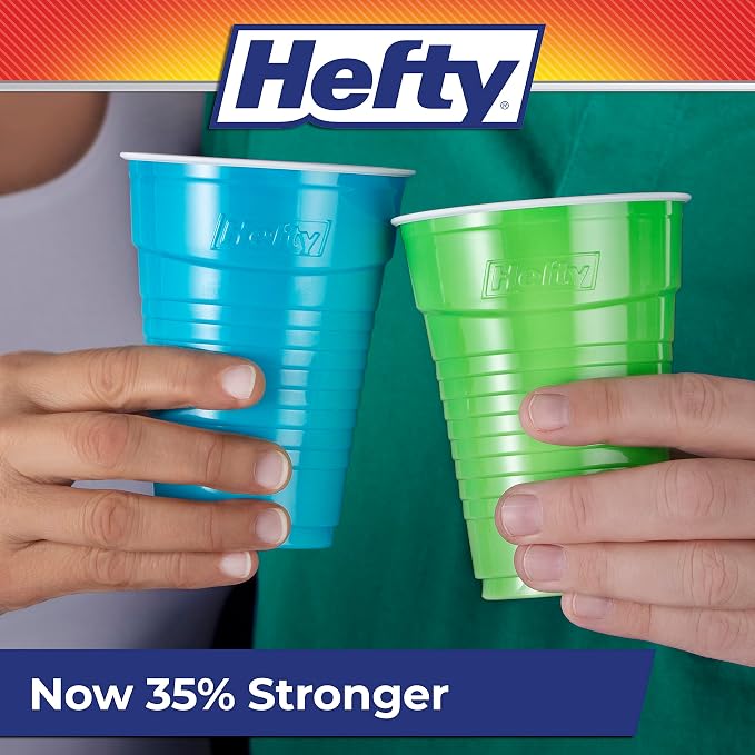 Hefty Party On Disposable Plastic Cups, Assorted, 16 Ounce, 100 Count | Bulk Pack, Disposable Plastic Cups for Parties, 4 Fun Colors, Easy-to-Grip Design, Ideal for Large Tailgates, BBQs, Birthdays